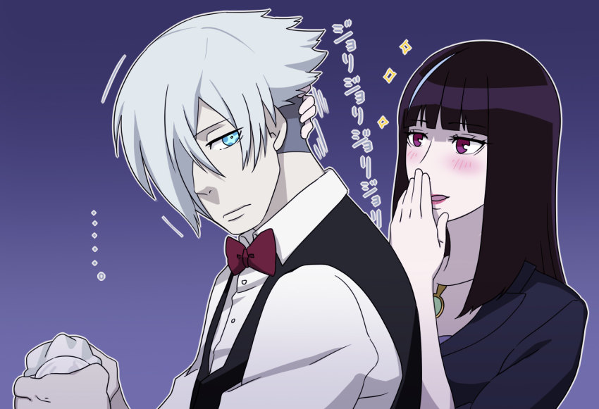 10s 1boy 1girl black_hair blue_eyes blush bow bowtie chiyuki_(death_parade) commentary_request covering_own_mouth cup death_parade decim_(death_parade) drinking_glass hair_over_one_eye jewelry kurokami_no_onna lipstick long_hair makeup pendant red_eyes rokka_(gipsyroad) smile sound_effects sound_effects_only symbol-shaped_pupils towel vest white_hair