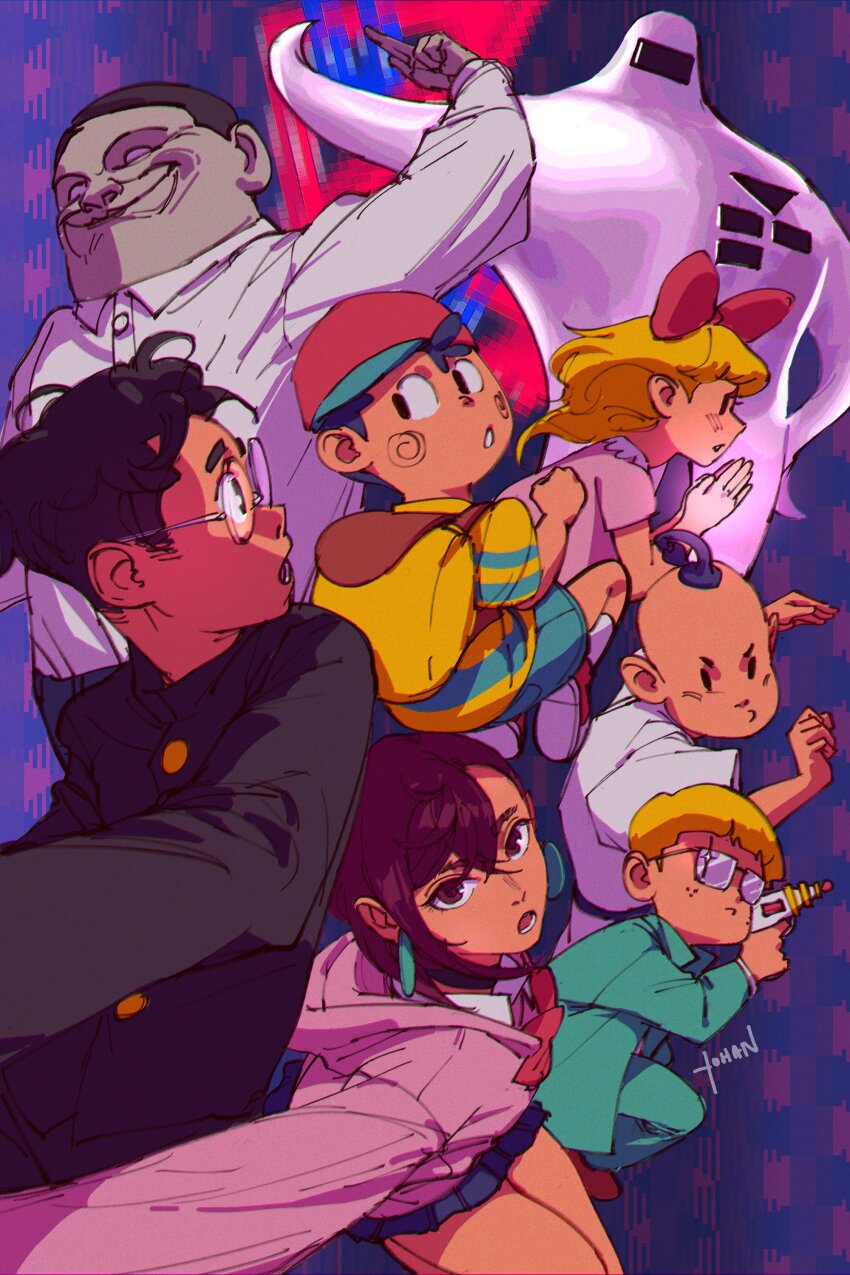 2girls 4boys absurdres ayase_momo black_hair brown_hair crossover dandadan gakuran glasses highres jeff_andonuts mother_(series) mother_2 multiple_boys multiple_girls ness_(mother_2) nintendo paula_(mother_2) pink_sweater poo_(mother_2) school_uniform serpo_(dandadan) sweater takakura_ken_(dandadan) toughdough