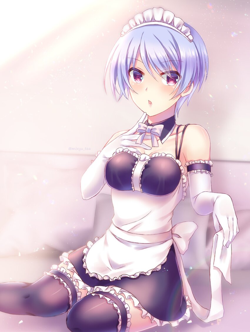 1girl alternate_costume apron black_skirt black_thighhighs blue_hair blush bow bowtie breasts chaos;head cleavage collarbone detached_collar detached_sleeves elbow_gloves enmaided frilled_skirt frilled_thighhighs frills gloves hair_between_eyes highres kishimoto_ayase looking_at_viewer maid maid_headdress medium_breasts miniskirt nishijou_myu open_mouth red_eyes short_hair sitting skirt solo thighhighs white_apron white_bow white_bowtie white_sleeves wing_collar zettai_ryouiki