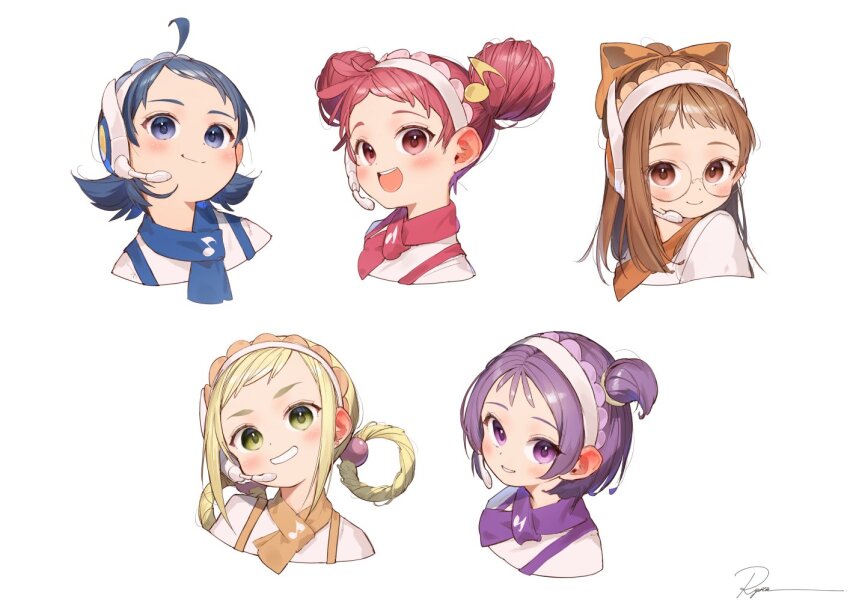 5girls ahoge asuka_momoko blonde_hair blue_eyes blue_hair blue_neckerchief bow braid braided_hair_rings brown_eyes brown_hair child cropped_shoulders double_bun fortissimo fujiwara_hazuki glasses green_eyes grin hair_bow hair_bun hair_ornament hair_rings harukaze_doremi headset looking_at_viewer medium_hair microphone multiple_girls musical_note musical_note_hair_ornament neckerchief ojamajo_doremi one_side_up open_mouth orange_bow orange_neckerchief purple_eyes purple_hair purple_neckerchief red_eyes red_hair red_neckerchief round_eyewear ryota_(ry_o_ta) segawa_onpu senoo_aiko shirt short_hair single_sidelock smile white_shirt yellow_neckerchief
