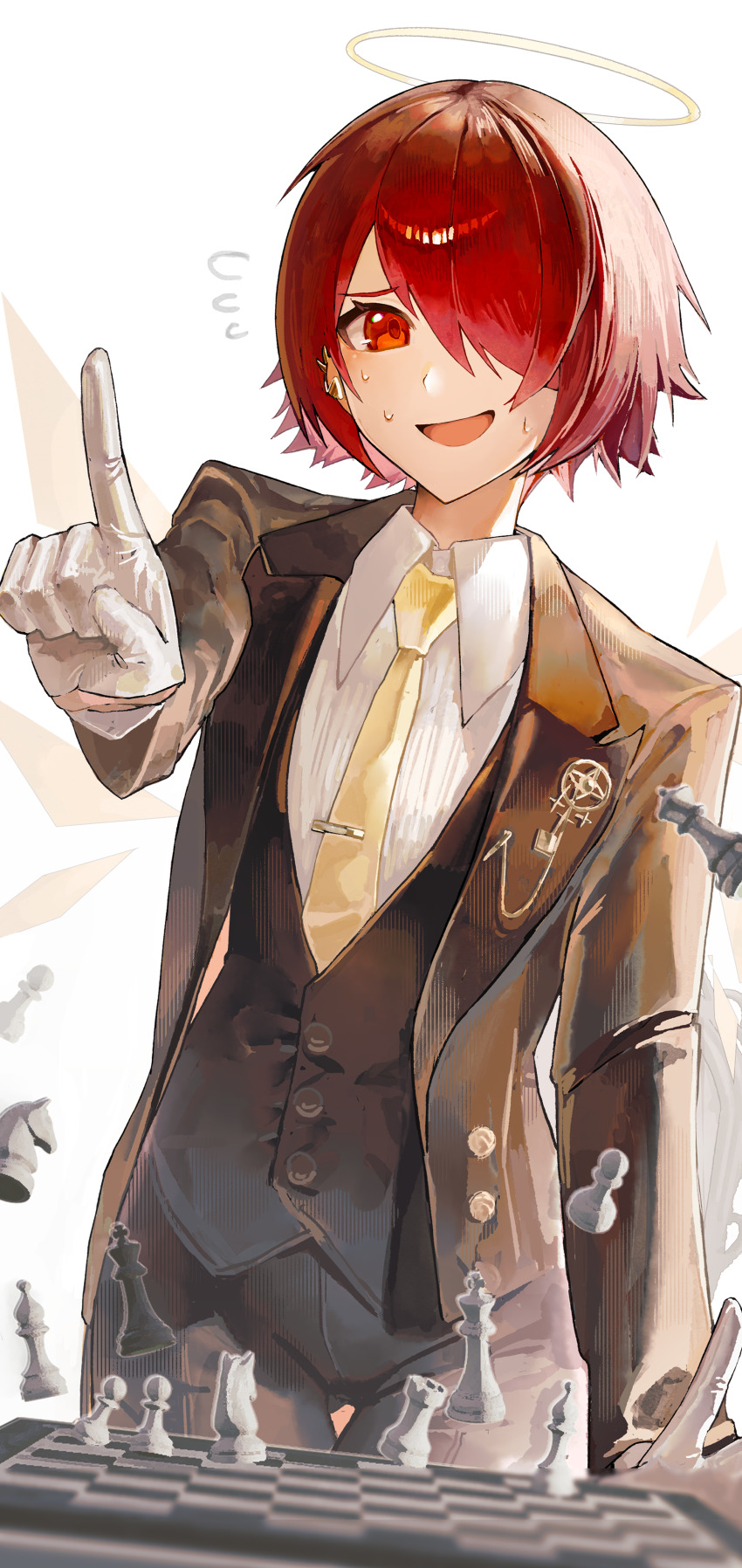 1girl absurdres ambience_synesthesia arknights bishop_(chess) black_vest blazer board_game brown_jacket buttons chess chess_piece chessboard collared_shirt commentary cowboy_shot detached_wings exusiai_(arknights) flying_sweatdrops formal_clothes gloves hair_over_one_eye halo highres index_finger_raised jacket king_(chess) knight_(chess) lapels long_sleeves necktie nervous nervous_smile nervous_sweating official_alternate_costume one_eye_covered open_clothes open_jacket open_mouth outstretched_arm pawn_(chess) red_eyes red_hair rook_(chess) sanzuitaroh shirt short_hair simple_background smile solo standing sweat traditional_halo vest waistcoat white_background white_gloves white_shirt wings yellow_halo yellow_necktie