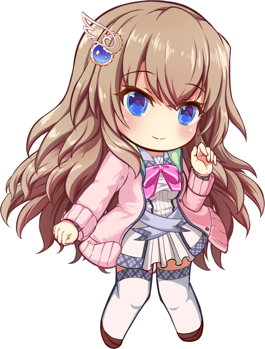 1girl 9-nine- absurdres ajibehreborn belt blue_eyes blush bow bowtie brown_hair cardigan chibi closed_mouth commentary dress eyes_visible_through_hair gear_hair_ornament grey_belt hair_between_eyes hair_ornament hand_up highres kujou_miyako long_hair long_sleeves looking_at_viewer open_cardigan open_clothes pink_bow pink_bowtie pink_cardigan school_uniform short_dress sidelocks simple_background smile solo split_mouth standing star_(symbol) star_print thighhighs transparent_background very_long_hair white_dress white_thighhighs wing_hair_ornament zettai_ryouiki
