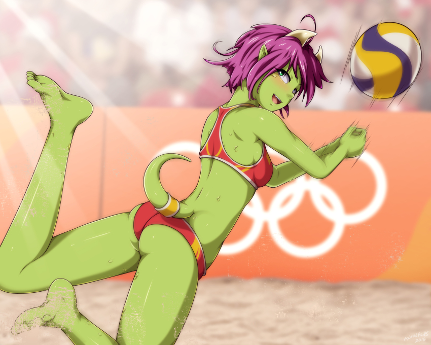 1girl absurdres animeflux ass ball beach_volleyball bikini colored_skin cowlick fang female_focus gluteal_fold green_skin heterochromia highres horns leaping monster_girl motion_blur olympic_rings olympics open_mouth original playing_sports pointy_ears purple_hair red_bikini sand scales seki_(animeflux) short_hair smile soles sports_bra sunlight sweatband swimsuit tail toes volleyball volleyball_(object)