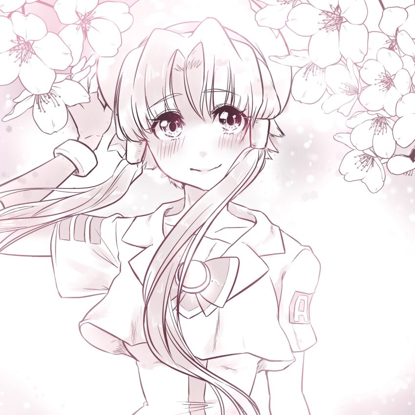 1girl aogirism aria_(manga) aria_company_uniform arm_up beret blush bracelet breasts collarbone commentary_request dress eyelashes fingerless_gloves flower gloves hair_tubes hat hat_ribbon highres jewelry looking_at_viewer medium_breasts mizunashi_akari monochrome parted_bangs ribbon short_hair_with_long_locks short_sleeves smile solo upper_body