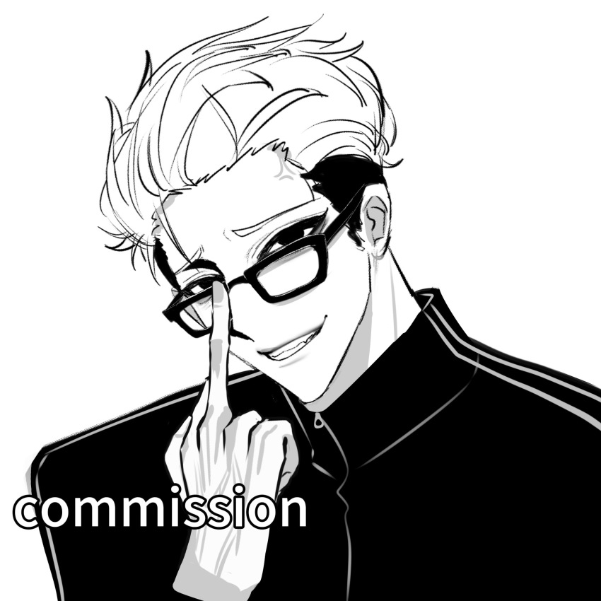 1boy anger_vein chinese_commentary commentary_request commission fang glasses greyscale grin head_tilt highres jacket kim_joon_goo lookism male_focus middle_finger monochrome moyu_shuang multicolored_hair portrait short_hair simple_background smile solo track_jacket two-tone_hair variant_set watermark white_background