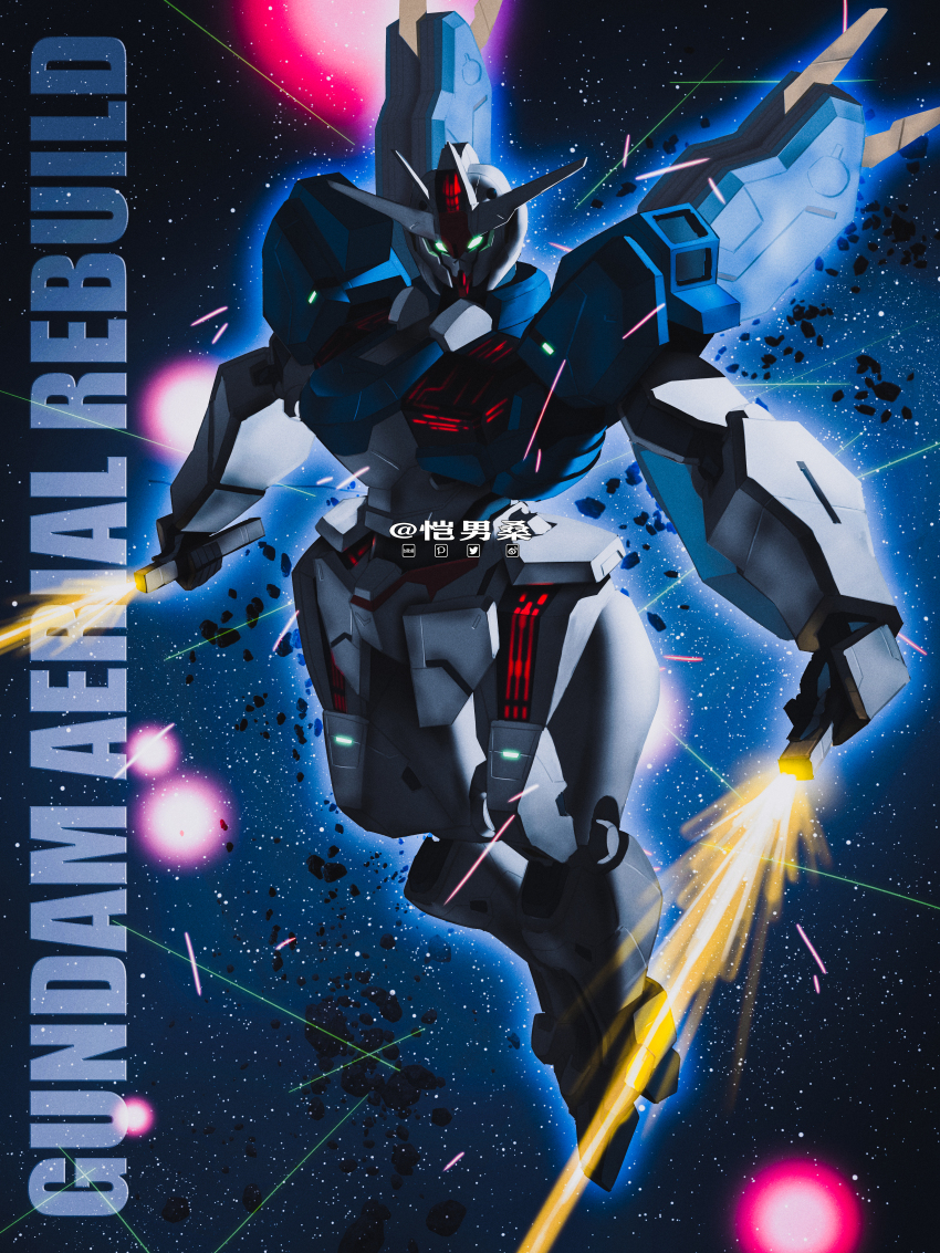absurdres artist_name asteroid energy_sword bilibili_logo character_name commentary dual_wielding explosion glowing glowing_eyes green_eyes gumroad_logo gundam gundam_aerial_rebuild gundam_suisei_no_majo highres holding holding_sword holding_weapon instagram_logo kainansang laser mecha mecha_focus mobile_suit robot science_fiction star_(sky) sword twitter_logo v-fin weapon