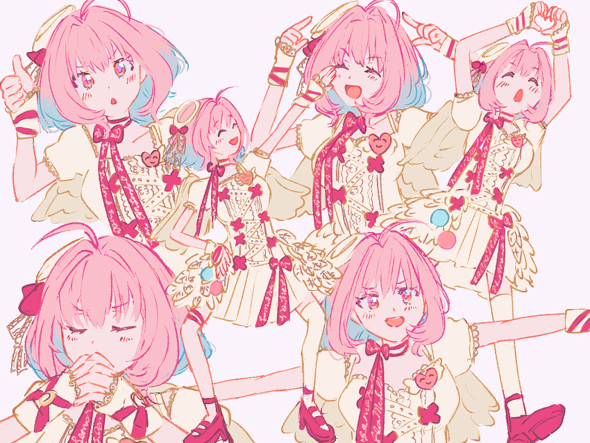 1girl ahoge angel_wings asymmetrical_legwear blue_hair breasts closed_eyes dancing dress fake_wings hamachamu heart heart_hands highres idolmaster idolmaster_cinderella_girls medium_breasts medium_hair multicolored_hair multiple_views outstretched_arms own_hands_together pink_eyes pink_hair pink_ribbon pink_shoes ribbon shoes short_dress short_sleeves single_thighhigh smile spread_arms thighhighs thumbs_up white_dress white_thighhighs wings yumemi_riamu