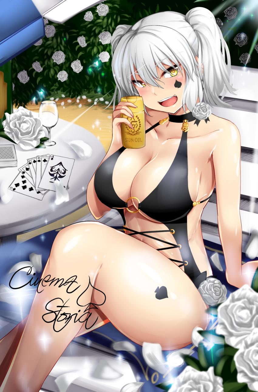 1girl :d ace_(playing_card) ace_of_spades arm_support bemani bikini black_bikini blush breasts card chair chaise_longue character_request cleavage collarbone commentary_request cup drinking_glass female_focus flower halterneck highres holding inverted_nipples jack_(playing_card) jack_of_spades king_(playing_card) king_of_spades kirome_(kamipaper) large_breasts lotion lotion_bottle lounge_chair nipples open_mouth plant playing_card poker queen_(playing_card) queen_of_spades_(playing_card) rose round_table short_hair short_twintails silver_hair smile solo sound_voltex spade spade_(shape) spade_tattoo sunscreen swimsuit table tattoo twintails umbrella white_flower white_rose wine_glass yellow_eyes