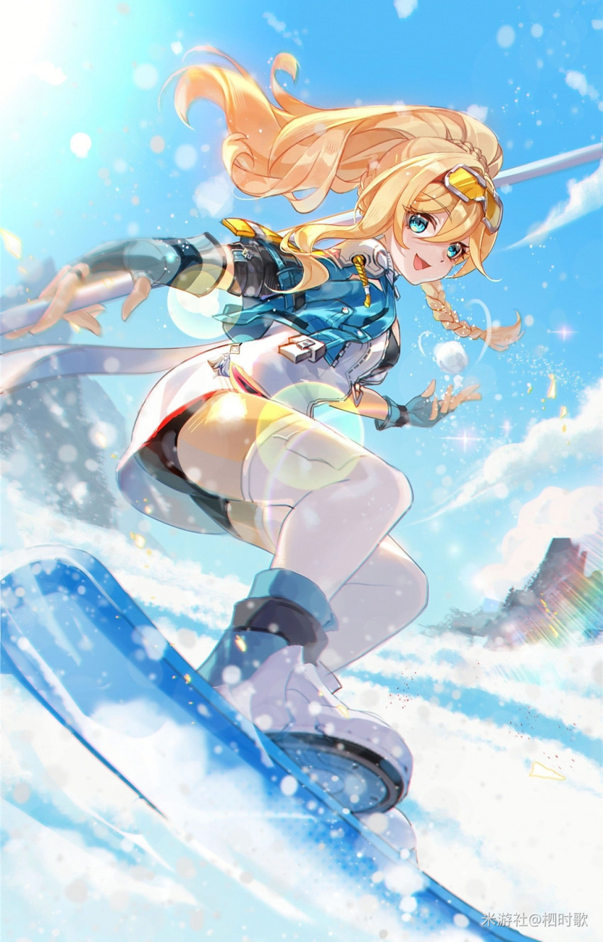 1girl aged_down aqua_gloves aqua_jacket black_shorts blonde_hair blue_sky cloud durandal_(honkai_impact) durandal_(reign_solaris)_(honkai_impact) fingerless_gloves floating_hair gloves goggles goggles_on_head hair_between_eyes highres honkai_(series) honkai_impact_3rd jacket javelin_(spear) long_hair open_mouth orange-tinted_eyewear shorts sishige skateboard skating sky smile snow solo thighhighs tinted_eyewear white_thighhighs yellow-tinted_eyewear