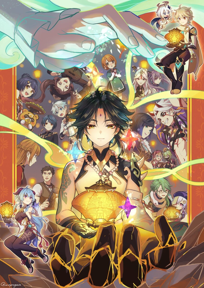 6+boys 6+girls aether_(genshin_impact) arataki_itto arm_tattoo baizhu_(genshin_impact) bead_necklace beads black_bodysuit black_hair blue_hair bodysuit boots breasts brown_hair chongyun_(genshin_impact) closed_eyes earrings facial_mark forehead_mark ganyu_(genshin_impact) genshin_impact gloves gradient_hair green_hair guoba_(genshin_impact) hair_ornament hair_stick halo hat highres holding horns hu_tao_(genshin_impact) jewelry keqing_(genshin_impact) kuki_shinobu ladle lantern mapogeso medium_breasts multicolored_hair multiple_boys multiple_girls necklace ningguang_(genshin_impact) ofuda open_mouth orange_eyes paimon_(genshin_impact) purple_hair qiqi_(genshin_impact) single_earring sweat tassel tattoo twitter_username xiangling_(genshin_impact) xiao_(genshin_impact) xingqiu_(genshin_impact) yanfei_(genshin_impact) yelan_(genshin_impact)