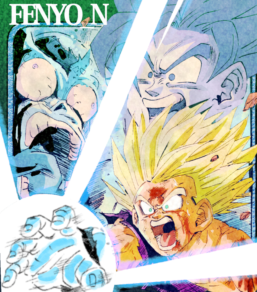 3boys aqua_eyes artist_name blonde_hair blood blood_on_face border bulging_eyes cell_(dragon_ball) debris dirty dirty_face dougi dragon_ball dragonball_z energy_blast father-son_kamehameha father_and_son fenyon green_border highres kamehameha_(dragon_ball) male_focus multiple_boys muscular muscular_male open_mouth parent_and_child perfect_cell purple_eyes purple_shirt scene_reference scratches shirt short_hair single_bare_shoulder son_gohan son_goku spiked_hair super_saiyan super_saiyan_2 sweat tongue tongue_out torn_clothes wide-eyed wristband