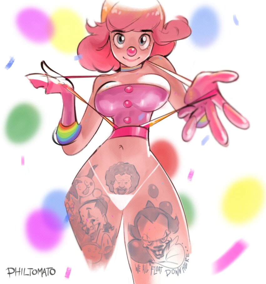 1girl absurdres ace_attorney character_request clown english_text g-string geiru_toneido highres leg_tattoo medium_hair navel philtomato pubic_tattoo solo_focus tattoo thong