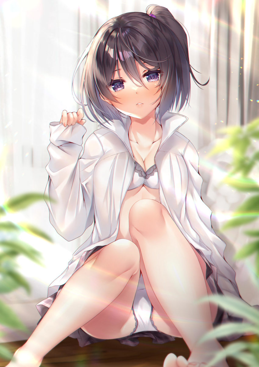 1girl bare_legs barefoot black_hair bra breasts cleavage collared_shirt commentary_request curtains day eyes_visible_through_hair fingernails hair_tie hand_up highres ko_yu long_sleeves looking_at_viewer matching_underwear medium_breasts moe2021 nail_polish one_side_up open_clothes open_shirt original panties plaid_clothes plaid_skirt plant potted_plant purple_eyes purple_skirt red_nails shirt short_hair sitting skirt sleeves_past_wrists solo toenail_polish toenails underwear white_bra white_panties white_shirt