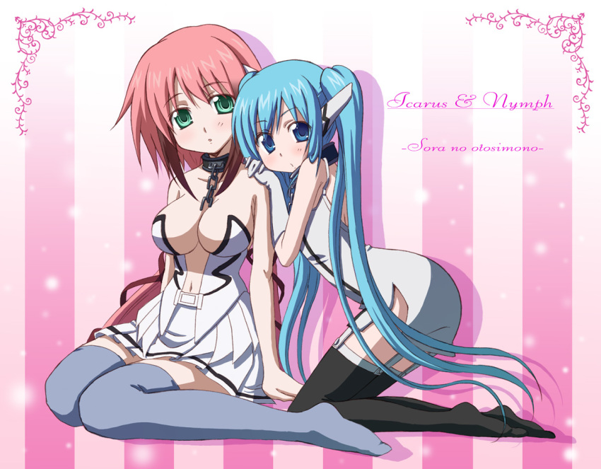 2girls :o arm_support bare_arms bare_shoulders black_legwear blue_eyes blue_hair blush breasts brown_hair chain character_name cleavage collar commentary_request copyright_name dress elbow_gloves garter_straps gloves gradient_hair green_eyes grey_legwear hair_ribbon hands_on_another&#039;s_shoulder ikaros kneeling large_breasts long_hair looking_at_viewer looking_to_the_side low_twintails multicolored_hair multiple_girls navel no_shoes nymph_(sora_no_otoshimono) ootaka_narumi parted_lips pink_background pink_hair pleated_skirt red_ribbon ribbon robot_ears short_dress sidelocks sitting skirt sleeveless sleeveless_dress sora_no_otoshimono striped_background tareme thighhighs twintails vertical_stripes very_long_hair wariza white_dress white_gloves white_skirt