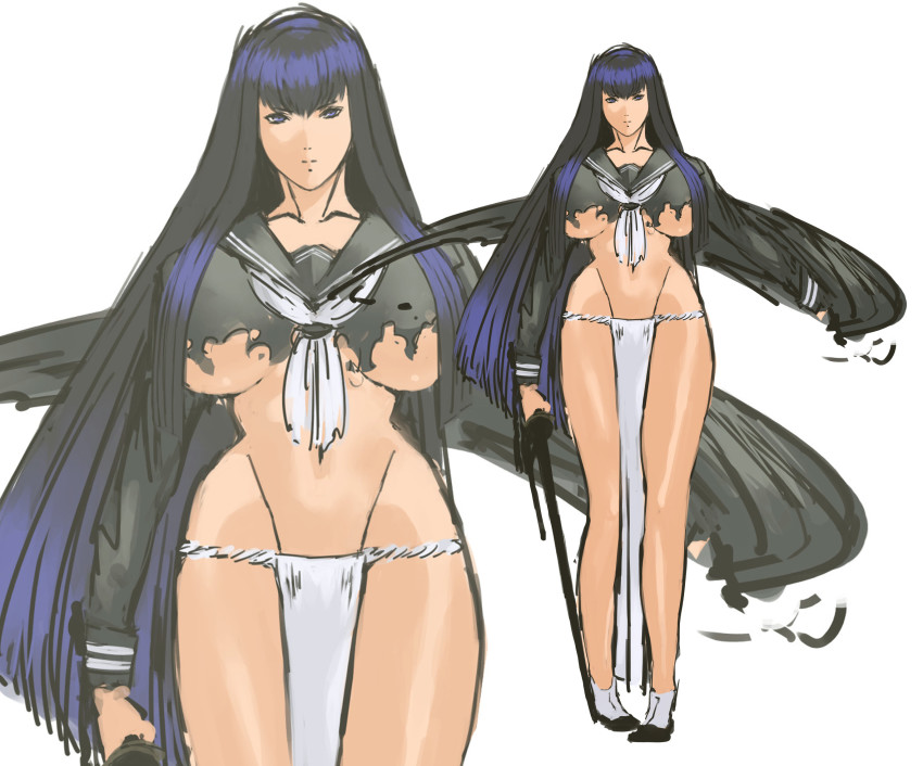 black_hair black_serafuku black_shirt black_skirt breasts crop_top crop_top_overhang delinquent fundoshi highres huge_breasts japanese_clothes long_hair long_sleeves midriff nameo_(judgemasterkou) neckerchief original pleated_skirt puffy_sleeves school_uniform serafuku shirt simple_background skirt unworn_skirt solo sukeban torn_clothes very_long_hair weapon