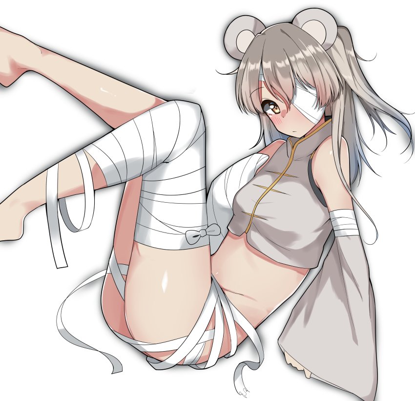 1girl absurdres animal_ears bandage_over_one_eye bandaged_leg bandages bear_ears black_ribbon blush boko_(girls_und_panzer) boko_(girls_und_panzer)_(cosplay) brown_eyes brown_shirt brown_sleeves commentary cosplay crop_top detached_sleeves fake_animal_ears floating girls_und_panzer hair_ribbon high_collar highres kshimu legs light_brown_hair long_hair looking_at_viewer one_side_up ribbon shimada_arisu shirt simple_background sleeveless sleeveless_shirt solo white_background wide_sleeves