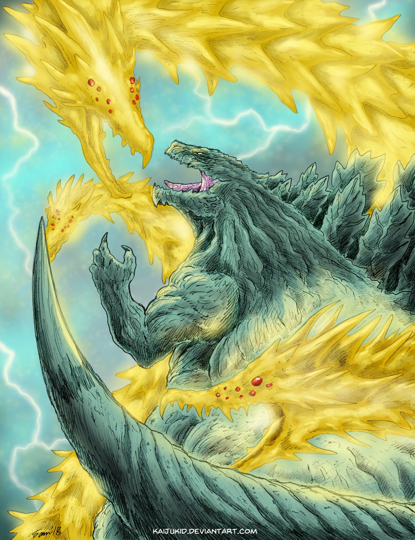 absurdres alien claws colored_skin conjoined deviantart_username dragon electricity electricity_elemental elemental_(creature) energy energy_being extra_eyes extradimensional_being glowing glowing_eyes godzilla godzilla:_the_planet_eater godzilla_(series) godzilla_earth gold_skin green_skin highres horns huge_filesize kaijukid kaiju king_ghidorah light_elemental lightning lightning_elemental long_neck monster multiple_heads no_humans open_mouth red_eyes scales sharp_teeth space_monster tail teeth