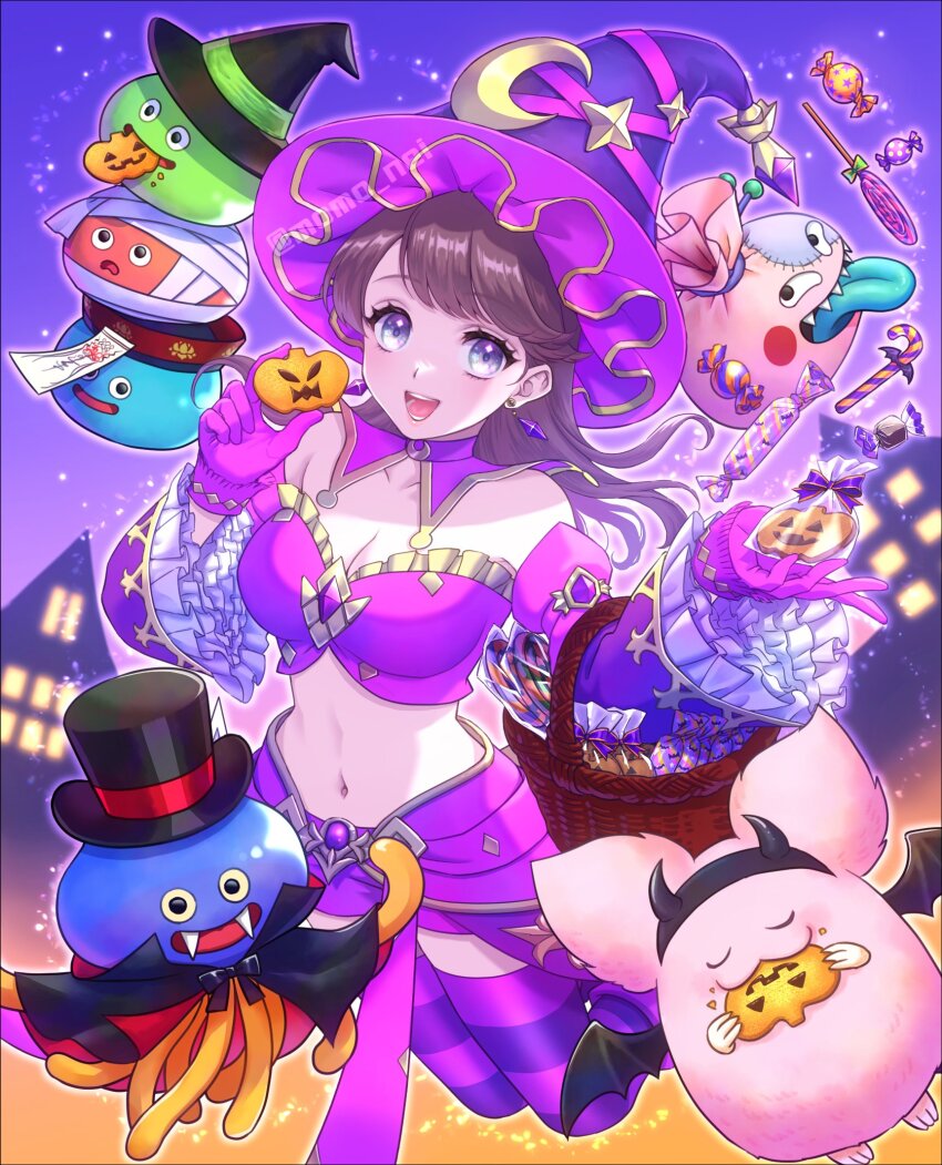 1girl 4others :d basket bat_wings blue_eyes bow breasts brown_hair candy candy_cane cleavage commentary_request cookie creature creature_request crescent crescent_hat_ornament detached_collar detached_sleeves dragon_quest dragon_quest_x earrings eating fake_horns fake_teeth fangs floating_hair food gloves goodybag_(dragon_quest) gradient_background halloween halloween_costume hat hat_ornament healslime heroine_(dq10) highres holding holding_basket holding_cookie holding_food horn_hairband horns jack-o&#039;-lantern jewelry jiangshi jiangshi_costume lollipop looking_at_viewer medium_breasts midriff momo_nei multiple_others navel open_mouth orange_background pink_fur pink_gloves pink_hat pink_shorts pink_sleeves pink_thighhighs purple_background purple_bow purple_thighhighs shorts silhouette slime_stack smile stitches striped_clothes striped_thighhighs thighhighs top_hat twitter_username vampire_costume wings witch_hat wrapped_candy