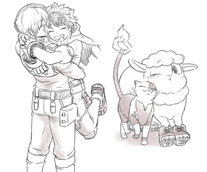 betsu_aka2 boku_no_hero_academia carrying cat curly_hair dekusheep freckles hug midoriya_izuku multicolored_hair sheep shoes short_hair shounen_jump shoutocat smile superhero_costume tododeku todoroki_shouto two-tone_hair yaoi