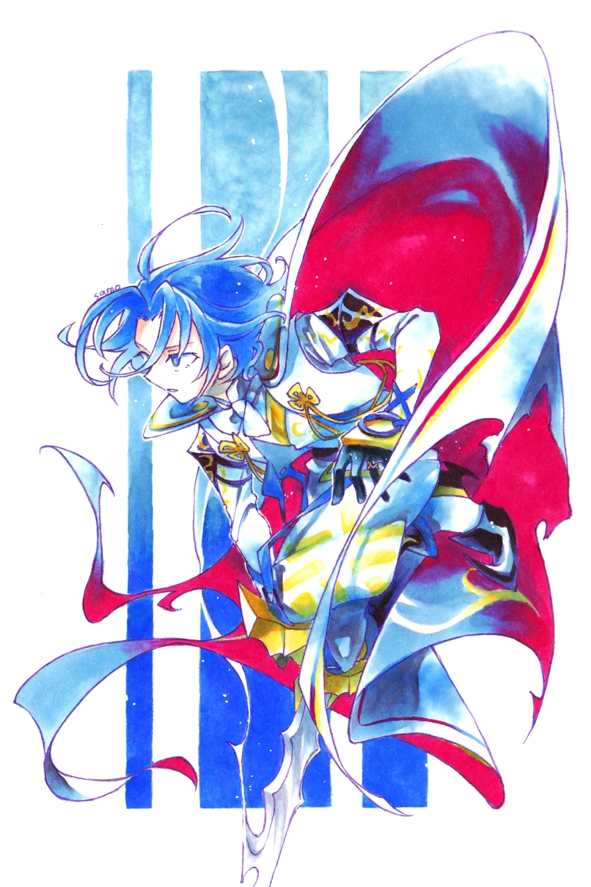 1boy blue_eyes blue_hair cape commentary fire_emblem fire_emblem_engage highres looking_ahead male_alear_(divine_dragon)_(fire_emblem) male_alear_(fire_emblem) male_focus nintendo official_alternate_hair_color red_cape samo_game solo symbol-only_commentary two-sided_cape two-sided_fabric two-tone_cape white_cape