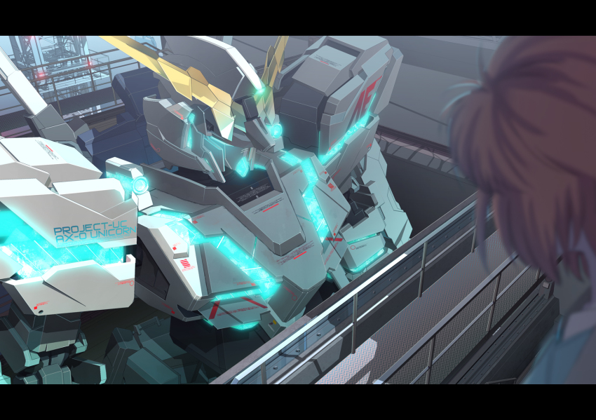 1girl glowing gundam gundam_unicorn hangar highres letterboxed looking_down marida_cruz mecha nt-d orange_hair robot short_hair standing unicorn_gundam yagami_kentou
