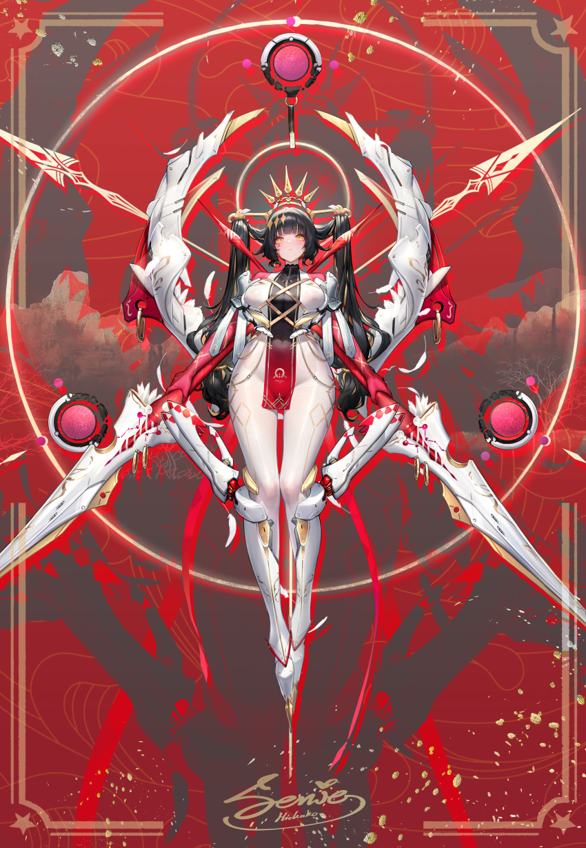 1girl absurdres artist_name black_hair bodysuit boots breasts crosscore dk.senie full_body highres large_breasts long_hair mechanical_wings orange_eyes pelvic_curtain red_background solo twintails very_long_hair white_bodysuit white_boots wings
