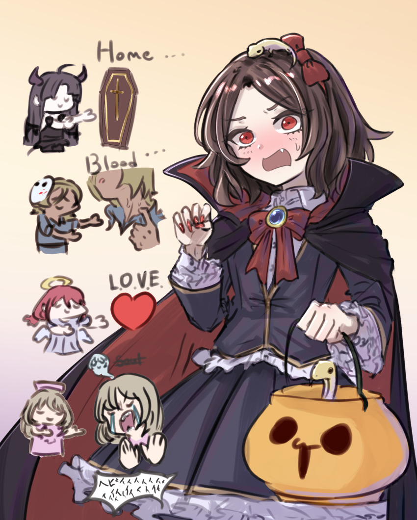 5girls ahoge angel_wings awa_subaru black_cape black_hair black_jacket black_skirt blue_brooch blush bow bowtie brown_hair cape closed_eyes closed_mouth coffin collared_shirt commentary_request ebizuka_tomo fang girls_band_cry giving_up_the_ghost grey_hair hair_bow hairband halloween halloween_costume halo hat highres horns iseri_nina jacket kawaragi_momoka lizard long_hair long_sleeves mask mask_on_head multiple_girls nail_polish nurse_cap open_mouth pleated_skirt red_bow red_bowtie red_eyes red_hair red_hairband red_nails rupa_(girls_band_cry) shirt short_hair skirt sweatdrop togenashi_togeari tomare_(akashingou) u_u white_shirt wings