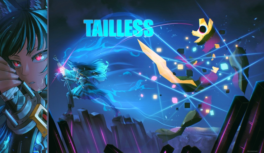1girl absurdres animal_ears black_hair crystal ethereal_(zenless_zone_zero) fire fox_ears fox_girl frankino gloves glowing glowing_eyes highres holding holding_sword holding_weapon hoshimi_miyabi manga_page night night_sky panels red_eyes rock serious sheath sheathed skirt sky slashing sword text_background weapon zenless_zone_zero