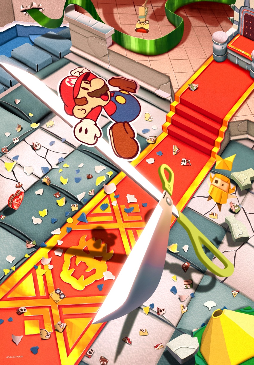 artist_name bowser bowser_logo goomba hammer_bro highres jumping kamek koopa_troopa maribou_(supermaribou) mario mario_(series) nintendo olivia_(paper_mario) paper_mario paper_mario:_the_origami_king paper_mario_(character) scissors scissors_(paper_mario) shy_guy spike_(mario) spiny twitter_username