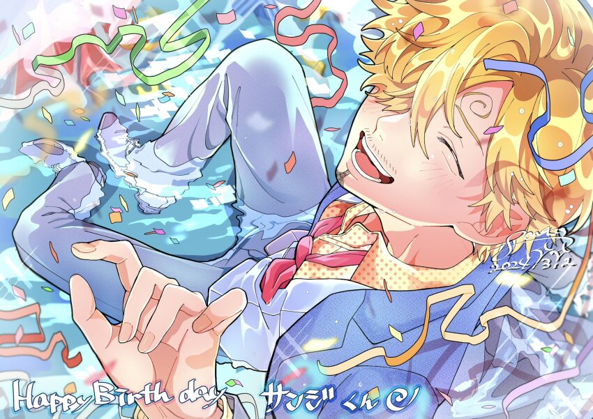 1boy 2024 blonde_hair blue_suit closed_eyes confetti curly_eyebrows english_text facial_hair formal_clothes goatee happy_birthday highres mustache necktie open_mouth partially_submerged ponko517 red_necktie sanji_(one_piece) shirt short_hair smile suit water white_shirt