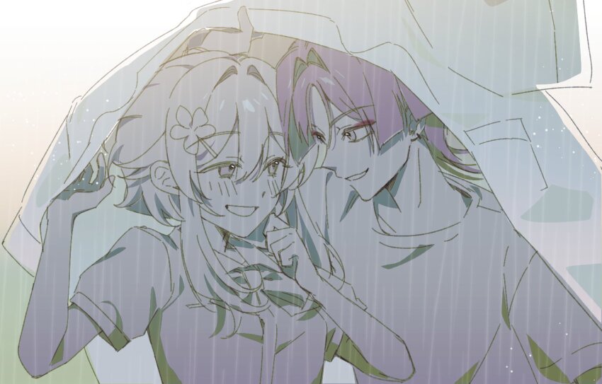 1boy 1girl alternate_costume blouse blush bow breast_pocket clenched_hand collarbone contemporary eyelashes eyeliner eyeshadow genshin_impact hair_between_eyes hair_intakes hair_ornament hairclip hands_up hetero improvised_umbrella large_bow limited_palette looking_at_another lumine_(genshin_impact) makeup outdoors parted_bangs pocket puffy_sleeves purple_eyes purple_hair rain red_eyeliner red_eyeshadow scaramouche_(genshin_impact) school_uniform shared_shirt shirt shirt_over_head short_hair short_hair_with_long_locks short_sleeves sia37068010 sidelocks smile tsurime