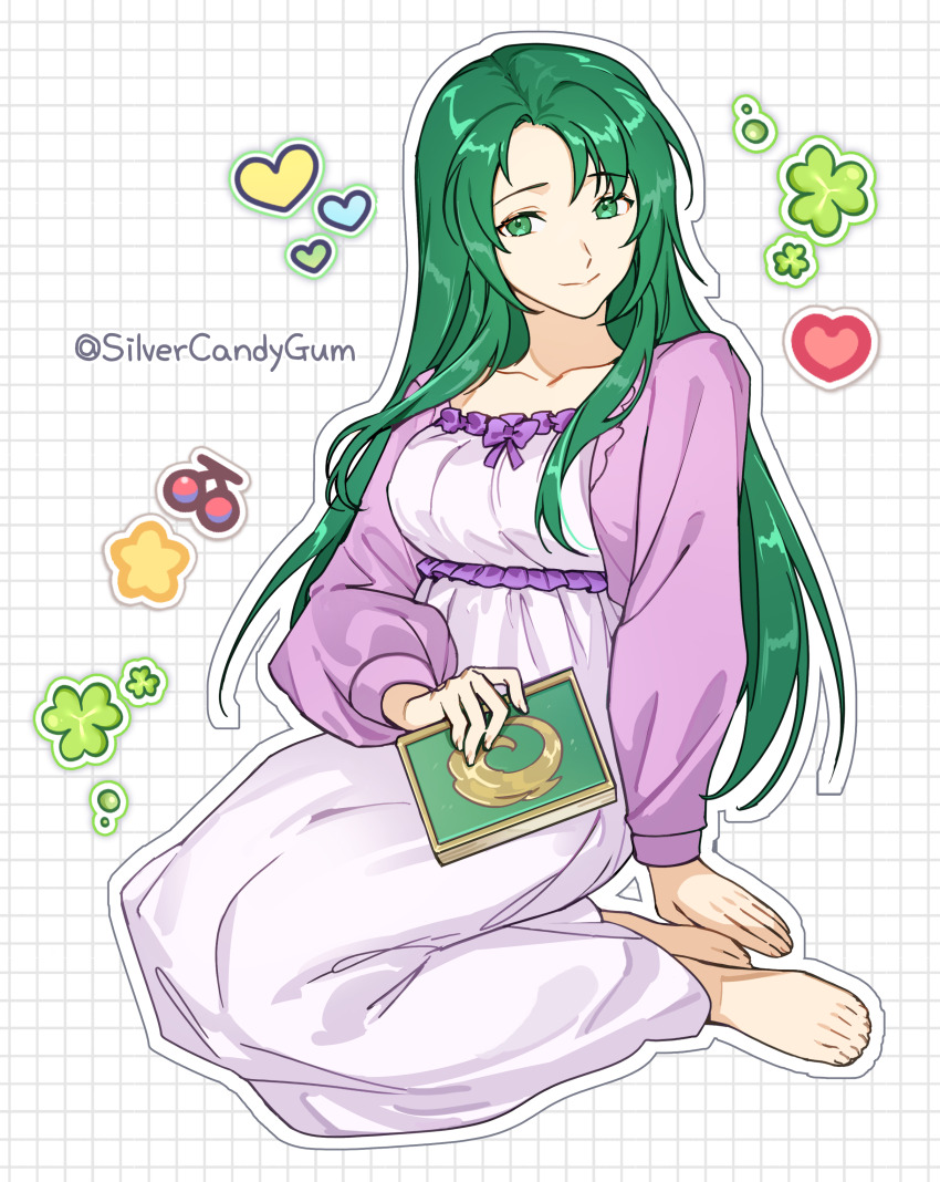 1girl absurdres alternate_costume barefoot book cecilia_(fire_emblem) collarbone commentary commission contemporary english_commentary fire_emblem fire_emblem:_the_binding_blade green_eyes green_hair highres holding holding_book long_hair nightgown nintendo pixiv_commission purple_nightgown silvercandy_gum solo twitter_username