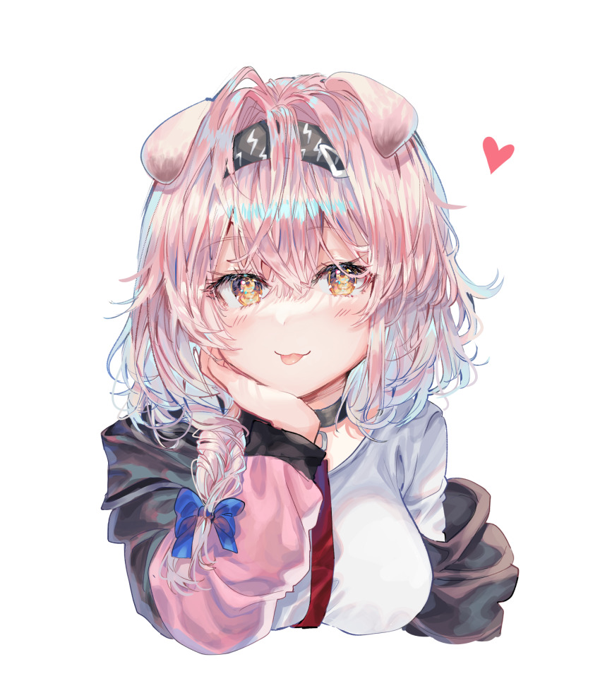 1girl 414_(hncx3355) :3 :p animal_ears arknights black_choker black_hairband blue_bow blush bow braid breasts cat_ears choker closed_mouth cropped_torso goldenglow_(arknights) hair_bow hairband hand_on_own_cheek hand_on_own_face heart highres jacket lightning_bolt_print long_hair long_sleeves looking_at_viewer medium_breasts open_clothes open_jacket orange_eyes pink_hair pink_jacket shirt simple_background single_braid smile solo tongue tongue_out upper_body white_background white_shirt