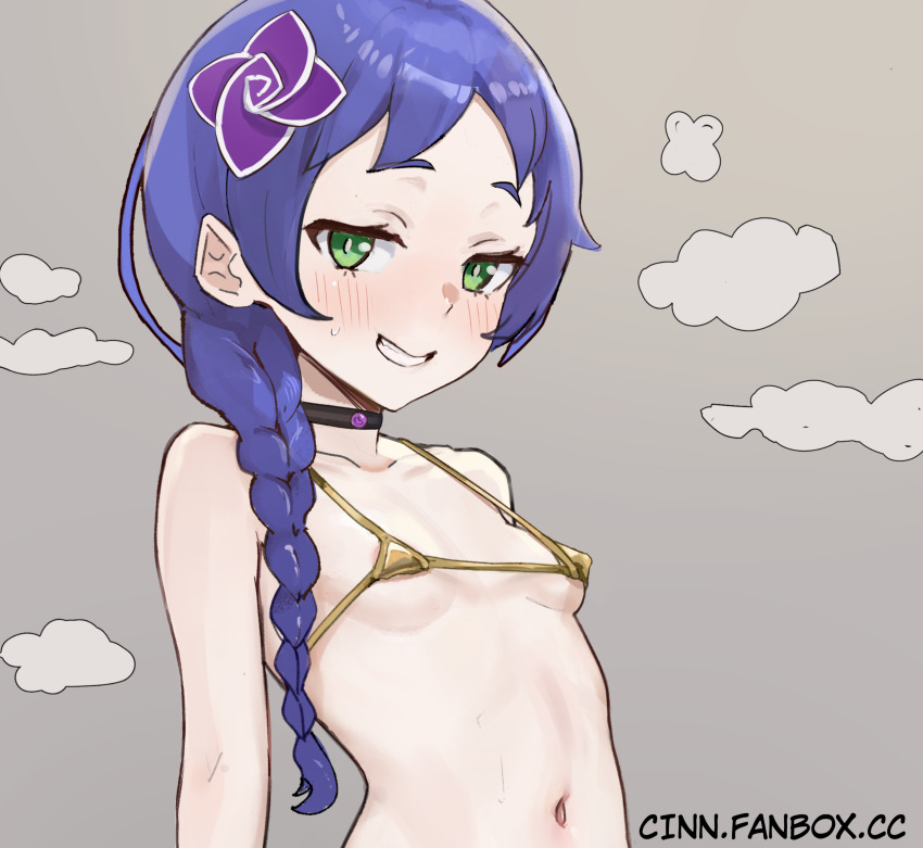 1girl absurdres bikini black_choker blue_hair blush braid braided_ponytail breasts bright_pupils choker cinn_angl collarbone commentary english_commentary flat_chest flower green_eyes grey_background grin hair_flower hair_ornament highres long_hair looking_at_viewer meili_portroute micro_bikini navel parted_bangs raised_eyebrows re:zero_kara_hajimeru_isekai_seikatsu small_breasts smile steam sweat swimsuit upper_body watermark web_address white_pupils