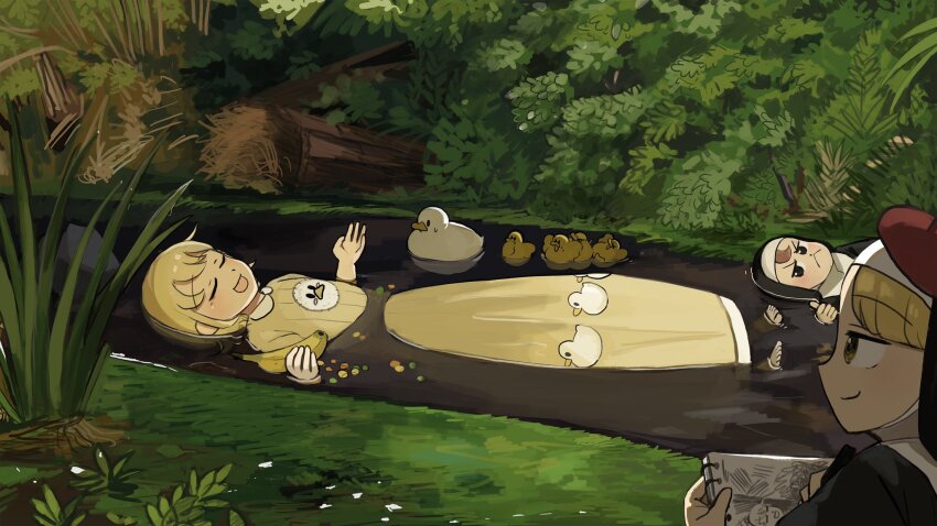 3girls :&lt; :d afloat banana beret bird blonde_hair brown_hair bush chicken closed_eyes clumsy_nun_(diva) commentary diva_(hyxpk) drawing_(action) duck duckling english_commentary fallen_tree food froggy_nun_(diva) fruit habit hat highres little_nuns_(diva) multiple_girls nun open_mouth partially_submerged red_hat rock slice_of_life smile spicy_nun_(diva) thumbs_up traditional_nun water yellow_eyes