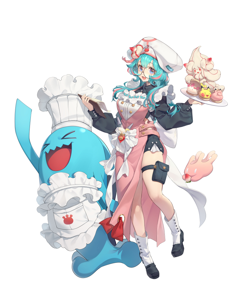 &gt;_&lt; 0_0 1girl :&gt; :3 absurdres alcremie alcremie_(strawberry_sweet) alcremie_(vanilla_cream) alternate_color alternate_shiny_pokemon apron arm_up back_bow black_footwear black_shirt black_shorts blank_eyes blue_eyes blue_hair blush blush_stickers bow breasts brown-framed_eyewear buttons chef_hat cherrim cherrim_(sunshine) clefairy clipboard clothed_pokemon colored_sclera crop_top fang female_focus floating food food-themed_hair_ornament foodification freckles frilled_apron frilled_headwear frills fruit full_body gen_1_pokemon gen_2_pokemon gen_4_pokemon gen_8_pokemon glasses hair_ornament hands_up happy hat highres holding holding_clipboard holding_food holding_fruit holding_pokemon holding_tray leg_up long_hair long_sleeves looking_at_viewer macaron medium_breasts milcery multicolored_hair nana_ann nintendo open_mouth original paper pastry_bag pikachu pink_apron pink_hair pink_ribbon pocket pokemon pokemon_(creature) pouch puffy_long_sleeves puffy_sleeves red_eyes red_hair red_ribbon red_sclera ribbon ringed_eyes round_eyewear shirt shoes short_shorts shorts sidelocks simple_background skindentation smile socks standing standing_on_one_leg strawberry strawberry_hair_ornament streaked_hair teeth thigh_strap tongue tray two-tone_hair wavy_mouth white_apron white_background white_bow white_eyes white_hair white_headwear white_ribbon white_socks wobbuffet