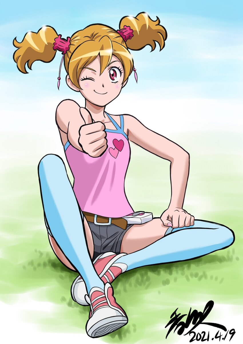 1girl belt blonde_hair blue_socks blush commentary_request fresh_precure! grass grey_shorts highres kagawa_hisashi kneehighs long_hair momozono_love one_eye_closed pink_eyes precure shoes shorts sitting smile sneakers socks solo tank_top thumbs_up twintails