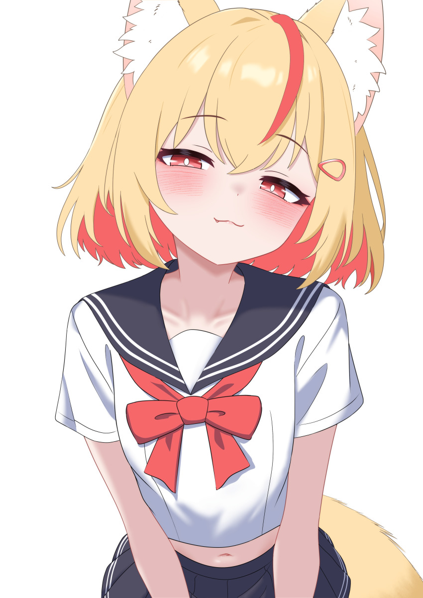 1girl :3 absurdres animal_ear_fluff animal_ears black_sailor_collar black_skirt blonde_hair bow bowtie bright_pupils closed_mouth colored_inner_hair cowboy_shot crop_top fang fox_ears fox_tail hair_ornament hairclip highres looking_at_viewer midriff miniskirt multicolored_hair navel oldsickkim original pleated_skirt red_bow red_bowtie red_eyes red_hair sailor_collar school_uniform serafuku shirt short_hair short_sleeves simple_background skirt smile solo streaked_hair tail two-tone_hair white_background white_shirt