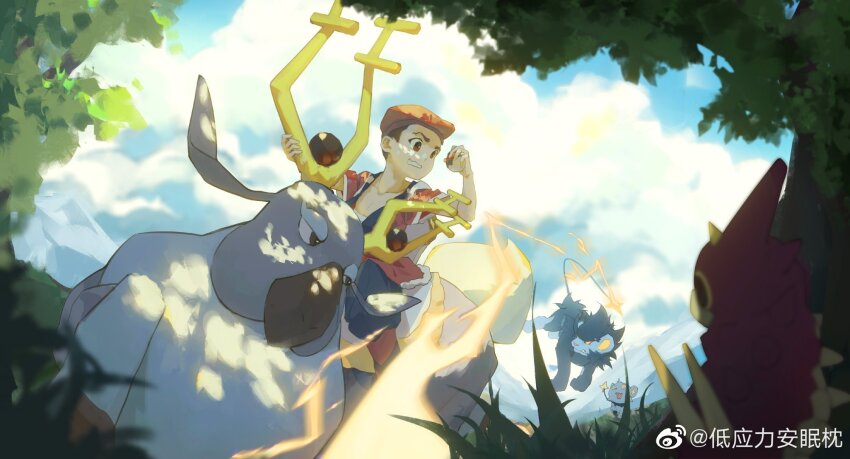 1boy brown_hair cloud collarbone di_yingli_bu_anmian_zhen electricity gen_3_pokemon gen_4_pokemon grass hat highres hisuian_poke_ball holding holding_poke_ball luxray male_focus nintendo outdoors poke_ball pokemon pokemon_(creature) pokemon_legends:_arceus red_hat rei_(pokemon) riding riding_pokemon shinx tree wavy_mouth wurmple wyrdeer