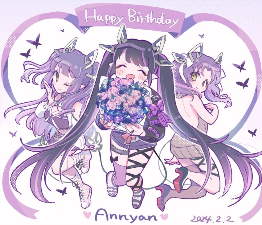 1girl backless_dress backless_outfit black_hair black_jacket black_ribbon black_skirt black_tube_top blunt_bangs blush boots bouquet breasts bug butterfly character_name cleavage closed_eyes closed_mouth clothing_cutout commentary_request dated demon_girl demon_horns demon_tail dress flower full_body grey_sweater hair_ribbon happy_birthday highres holding holding_bouquet horns insect jacket jewelry kojo_anna kojo_anna_(1st_costume) kojo_anna_(2nd_costume) kojo_anna_(3rd_costume) kuzuhana lace_trim leg_ribbon long_hair long_sleeves looking_at_viewer looking_back medium_breasts meme_attire multicolored_hair nanashi_inc. official_alternate_costume one_eye_closed open_mouth pencil_skirt pointy_ears purple_butterfly purple_flower purple_hair ribbon ring russian_text shoulder_cutout shrug_(clothing) single_thighhigh skirt sleeveless sleeveless_sweater smile strapless sweater sweater_dress tail thigh_strap thighhighs tube_top twintails two-tone_hair virgin_killer_sweater virtual_youtuber white_background white_footwear white_jacket white_ribbon yellow_eyes