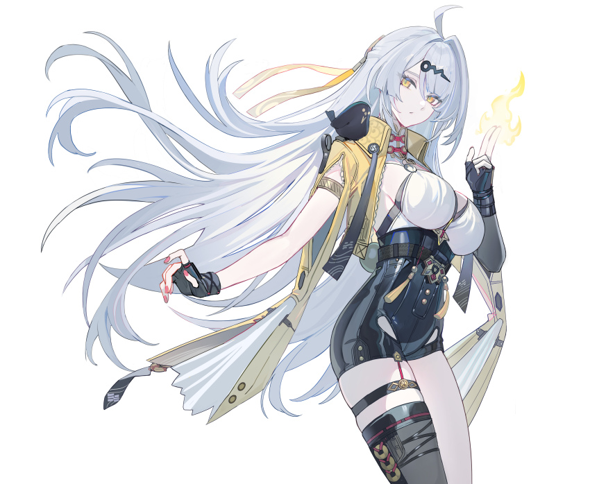 1girl ahoge asymmetrical_gloves black_gloves black_shorts black_thighhighs breasts closed_mouth commentary_request cowboy_shot echj elbow_gloves fingerless_gloves fingernails gloves grey_hair hair_ornament hand_up high-waist_shorts highres jacket kuji-in large_breasts long_hair looking_at_viewer nail_polish red_nails shirt shorts simple_background single_elbow_glove single_hair_intake single_thighhigh solo thigh_strap thighhighs thighs uneven_gloves very_long_hair white_background white_shirt yellow_eyes yellow_jacket yixuan_(zenless_zone_zero) zenless_zone_zero