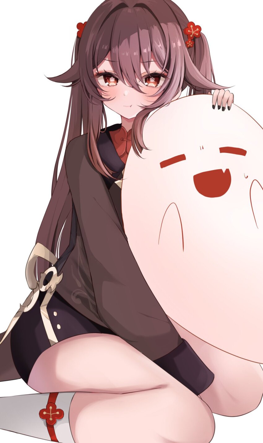 1girl bare_legs blush boo_tao_(genshin_impact) brown_hair brown_shirt brown_shorts closed_mouth flower-shaped_pupils genshin_impact hair_between_eyes highres hu_tao_(genshin_impact) komor_yuki long_hair long_sleeves red_eyes shirt shorts smile solo symbol-shaped_pupils thighhighs twintails very_long_hair white_background white_thighhighs