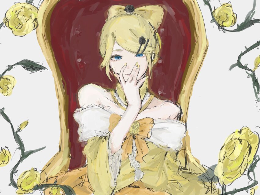 1girl aku_no_musume_(vocaloid) bare_shoulders black_robe blonde_hair blue_eyes bow choker collarbone covering_face covering_own_mouth dress dress_bow dress_flower evil_smile evillious_nendaiki flower frilled_choker frilled_sleeves frills grey_background hair_bow hair_ornament hairclip head_tilt high_ponytail highres kagamine_rin looking_at_viewer ma_(nth6nd8yrg32528) off-shoulder_dress off_shoulder ojou-sama_pose orange_bow parted_lips ponytail riliane_lucifen_d&#039;autriche robe rose sitting_on_throne smile solo swept_bangs thorns throne updo vocaloid wide_sleeves yellow_bow yellow_choker yellow_dress yellow_flower yellow_nails yellow_rose
