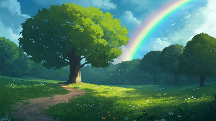 commentary day dirt_road english_commentary flower forest grass highres landscape nature no_humans orange_flower original painterly rainbow road sky tree white_flower wopgnop