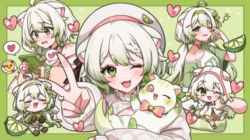 1boy 1girl ahoge animal_ears bare_shoulders blush breasts cellphone chibi cleavage_cutout clothing_cutout commission dress embarrassed ferret ferret_ears ferret_girl ferret_tail food fruit gradient_hair gradient_tail green_background green_eyes green_hair green_nails green_shirt green_tail hair_between_eyes hairband heart hood hood_down hood_up ichiko_1234 indie_virtual_youtuber jacket jewelry laimu_(vtuber) laimu_(vtuber)_(1st_costume) laimu_(vtuber)_(cozy) laimu_(vtuber)_(winter) lime_(fruit) lime_slice limon_(laimu) medium_breasts multicolored_hair multicolored_tail multiple_views necklace one_eye_closed phone pink_dress pink_nails ribbon shirt shirt_slip simple_background sleepy smartphone sundress sweater t-shirt tail turtleneck turtleneck_sweater two-tone_hair two-tone_tail uwu v vgen_commission vinesauce virtual_youtuber waking_up white_hair white_sweater white_tail