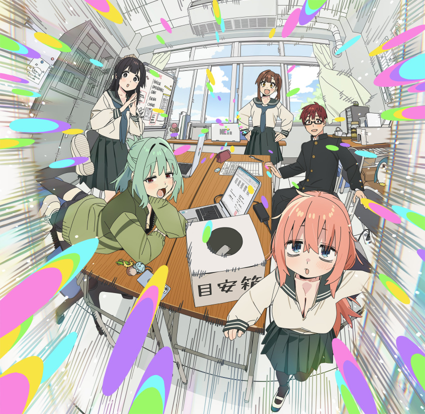 2boys 3girls androgynous annoyed bags_under_eyes bandaid bandaids_on_nipples black_eyes black_hair black_pantyhose black_shirt black_thighhighs blue_eyes blue_sailor_collar breasts brown_eyes brown_hair cleavage clenched_teeth falling fisheye gakuran glasses green_hair green_jacket highres imamura_ryou indoors jacket kotobuki_hisako large_breasts long_sleeves michinoku_komaro mizunoe_ume multiple_boys multiple_girls official_art open_mouth otori_tan pants pantyhose pasties pink_hair pleated_skirt promotional_art rectangular_eyewear sailor_collar school_uniform seitokai_ni_mo_ana_wa_aru! semi-rimless_eyewear shirt shoes skirt surprised teeth terui_arisu thighhighs uwabaki walking white_shirt