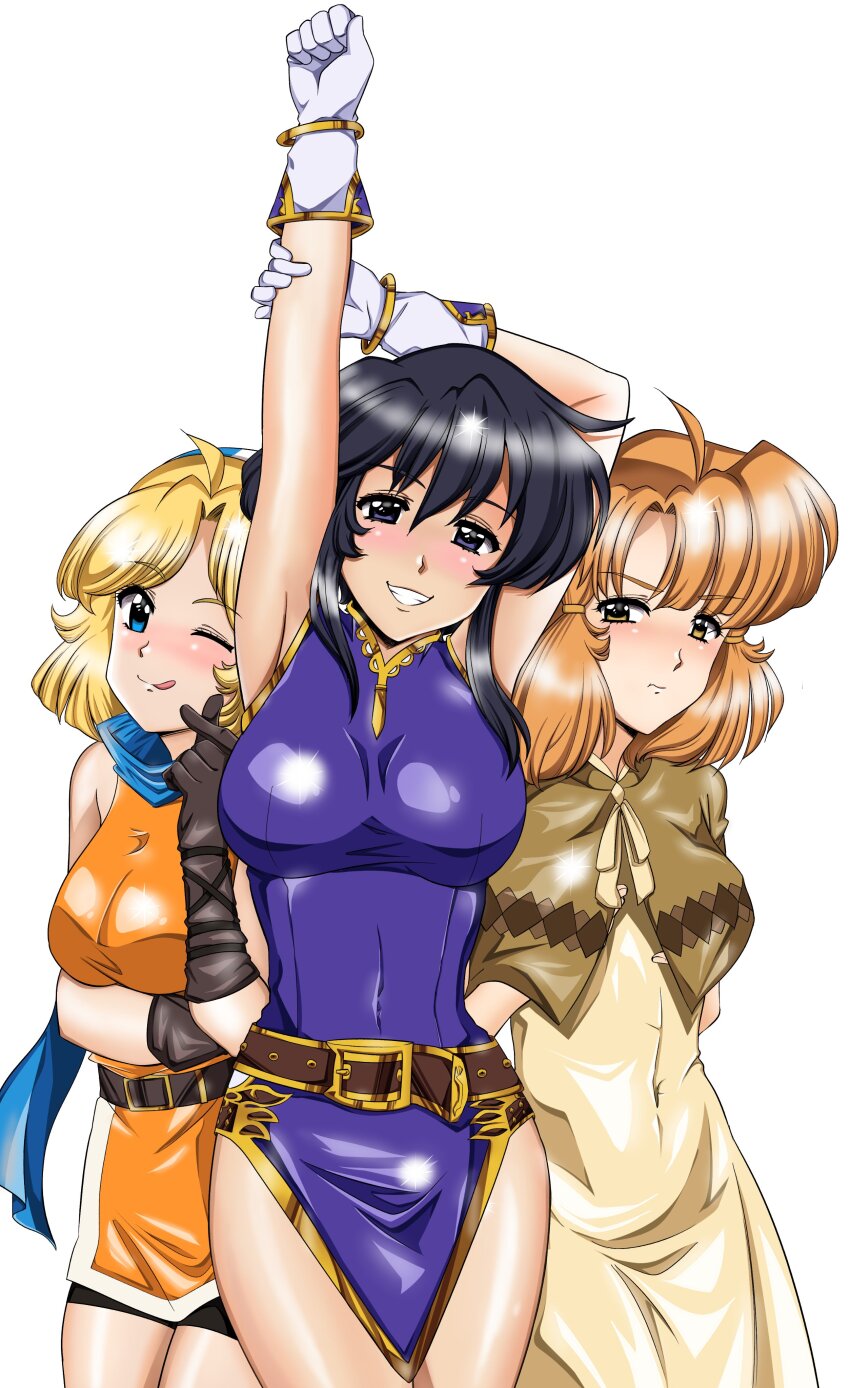 1990s_(style) 3girls :t ;p absurdres ahoge arm_under_breasts arms_up bare_legs beanie belt bike_shorts black_hair blonde_hair blush bow breast_envy breasts commission commissioner_upload covered_navel finger_heart fire_emblem fire_emblem:_genealogy_of_the_holy_war gloves grabbing_own_breast hair_ornament hairclip hat highres lana_(fire_emblem) larcei_(fire_emblem) looking_at_viewer multiple_girls nintendo one_eye_closed orange_hair patty_(fire_emblem) pout puffy_cheeks purple_tunic retro_artstyle rs40uchiha scarf short_hair sidelocks sleeveless smile standing tomboy tongue tongue_out tunic urushihara_satoshi_(style) white_background