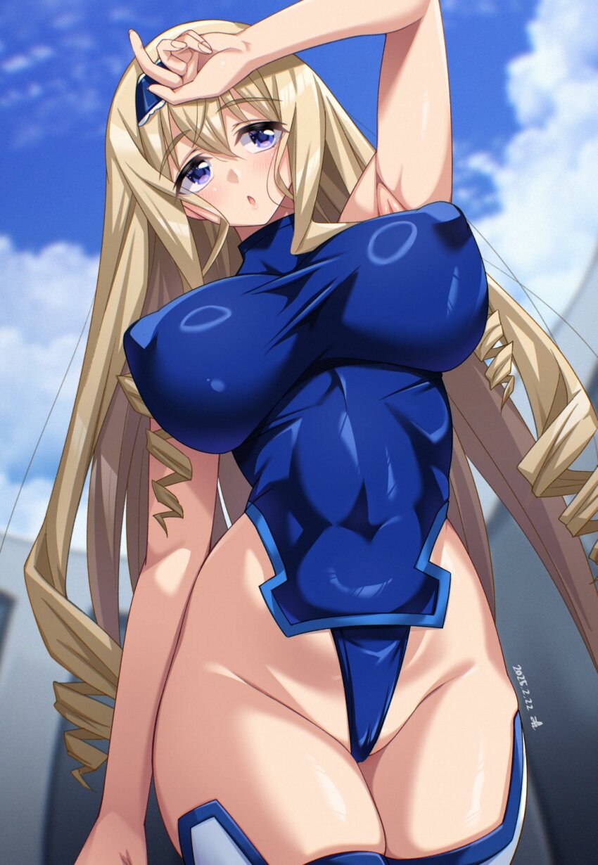 1girl arm_up blonde_hair blue_eyes blue_hairband blue_leotard blue_sky blush breasts cecilia_alcott covered_erect_nipples covered_navel drill_hair hairband highleg highleg_leotard highres huge_breasts infinite_stratos leotard long_hair mecha_pilot_suit open_mouth outdoors shiny_skin skin_tight skindentation sky solo standing taut_clothes thighhighs very_long_hair yoohi