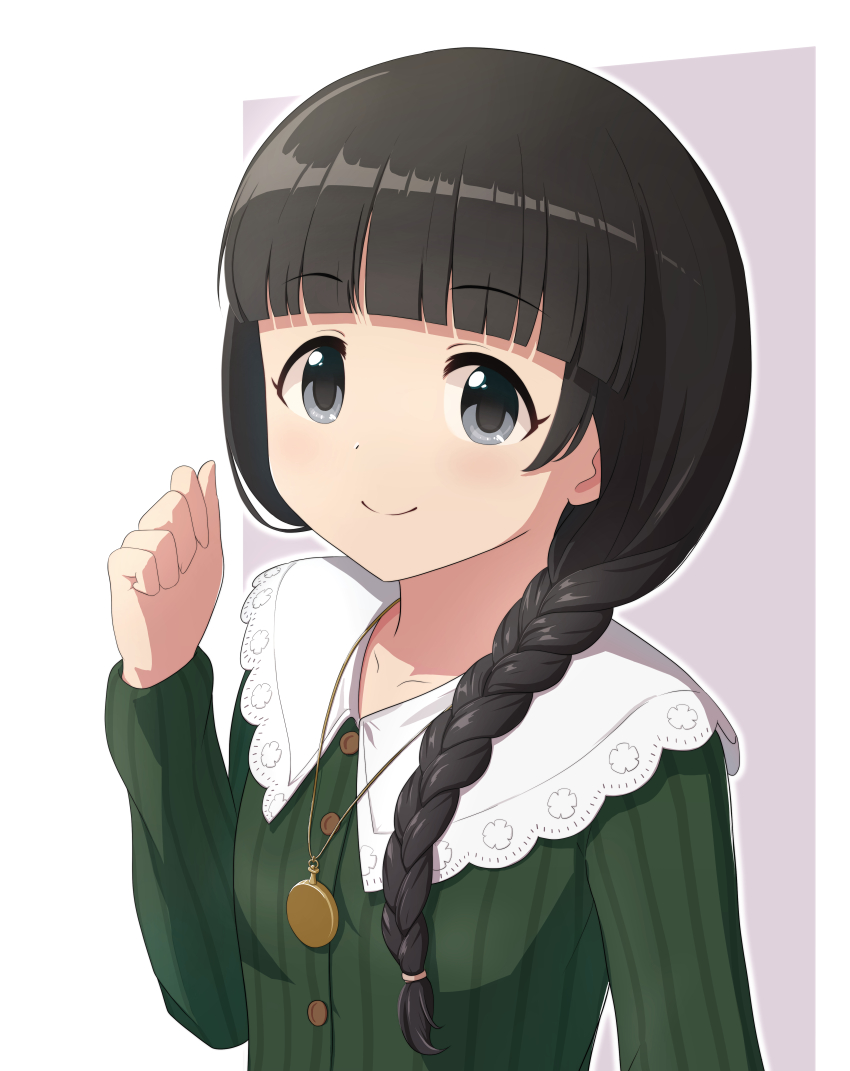 1girl absurdres aropotto black_hair blunt_bangs green_shirt grey_eyes hand_up highres idolmaster idolmaster_cinderella_girls idolmaster_cinderella_girls_starlight_stage jewelry long_hair looking_at_viewer necklace shirt simple_background smile solo ujiie_mutsumi