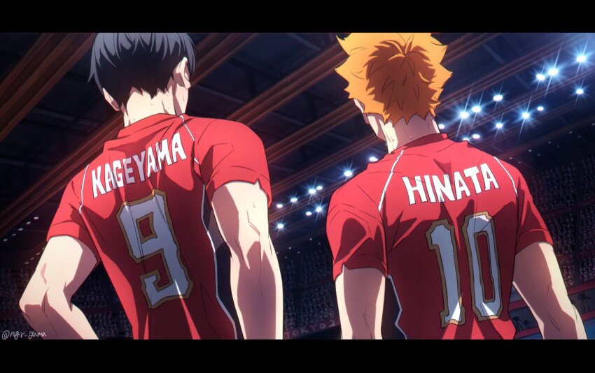 2boys back back_focus black_hair character_name crowd haikyuu!! hinata_shouyou kageyama_tobio letterboxed male_focus multiple_boys nagareyama_(ngr_yama) orange_hair shirt short_hair sportswear twitter_username upper_body volleyball_uniform